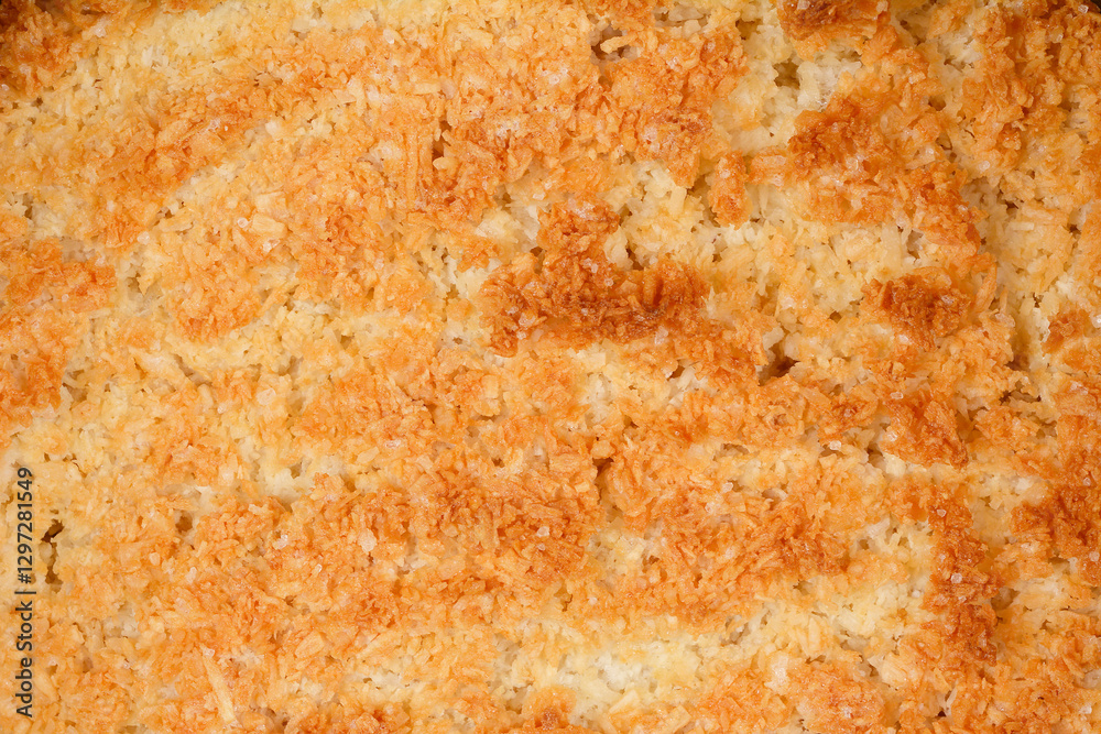 A close-up, textured view of a baked batter made from beaten egg whites and coconut, showing a golden brown, crusted surface A close-up, textured view of a baked batter made from beaten egg whites and coconut, showing a golden brown, crusted surface