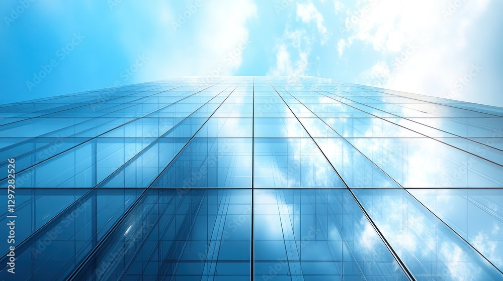 Modern skyscraper glass facade reflecting clouds on a bright day Modern skyscraper glass facade reflecting clouds on a bright day