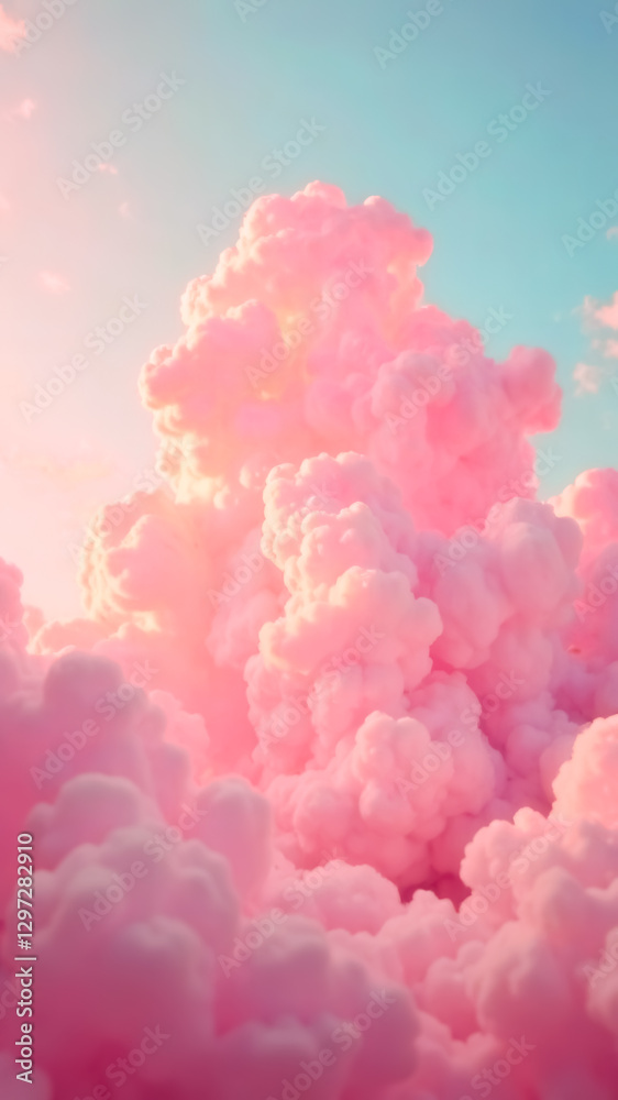 Fototapeta premium Above Dreamy Pink Cloudscape. Big fantasy cumulus sugar cotton pink pastel cloud in blue sky. Amazing background. Dreamlike Atmosphere. Soft gradient Backdrop. Sunny weather. High quality photo.