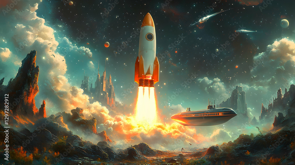 Obraz premium Rocket launching from alien planet, submarine observing