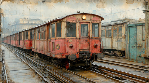 Rusted Vintage Train at Depot, City Background