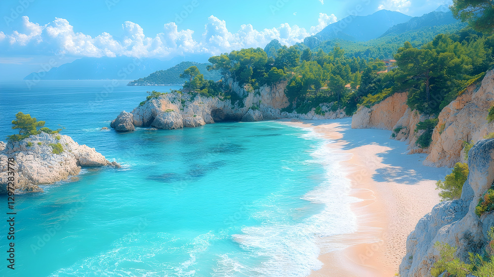 Secluded cove beach, turquoise water, sunny day, coastal cliffs Secluded cove beach, turquoise water, sunny day, coastal cliffs