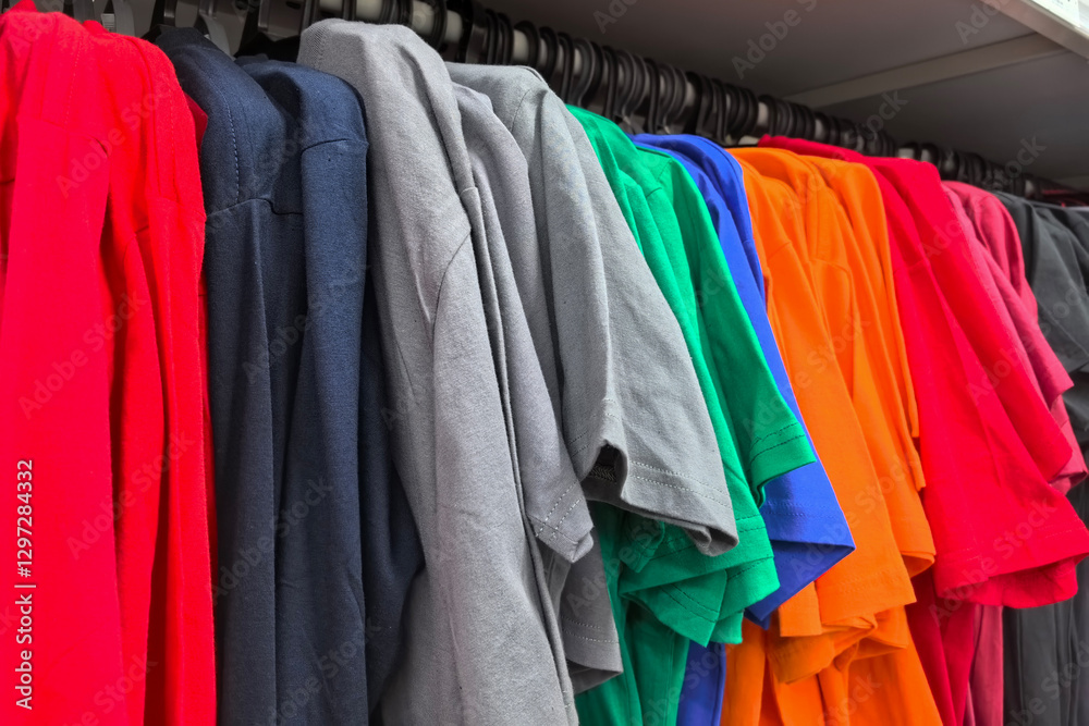 Vibrant colors of fabric lined neatly in a retail clothing store