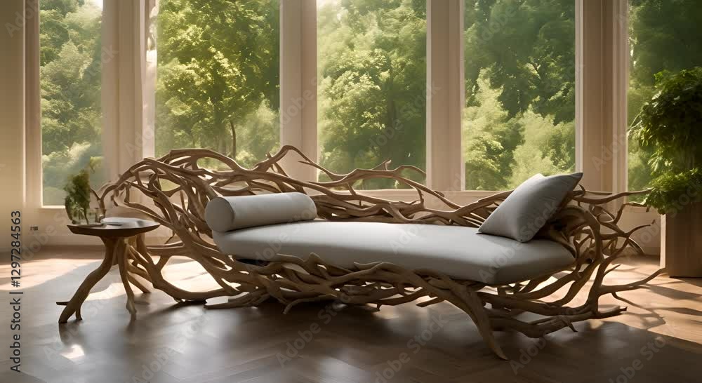 Sofa made of tree roots and branches in the center is an oversized chaise longue with large windows behind it 4K