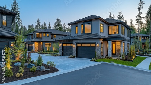 Modern townhomes at twilight, landscaped courtyard, trees in background.  Possible use real estate advertising
