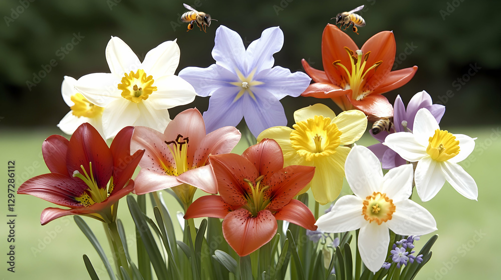 Naklejka premium Spring blossoms, bees pollinating, garden, green background