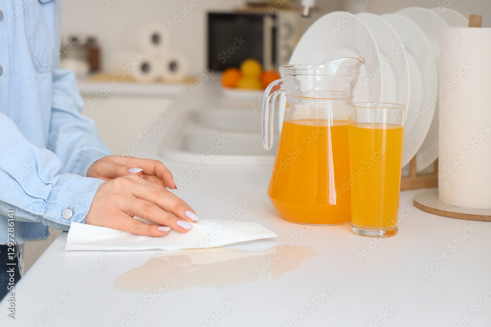 Woman wiping spilled juice with paper towel on counter in kitchen, closeup Woman wiping spilled juice with paper towel on counter in kitchen, closeup