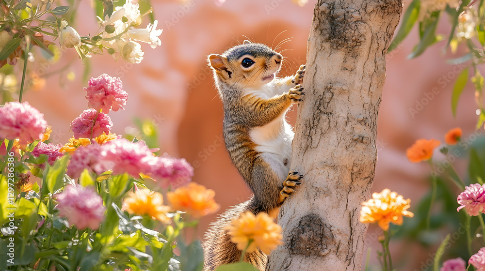 Fototapeta premium Squirrel climbing tree in vibrant spring garden