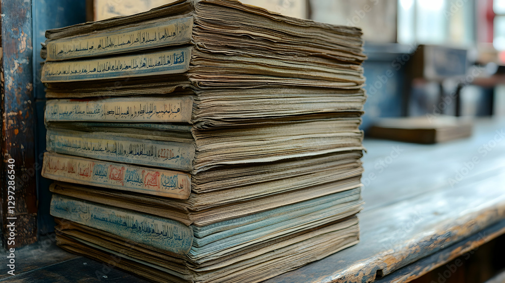 Stacked antique books, worn pages, shop display Stacked antique books, worn pages, shop display