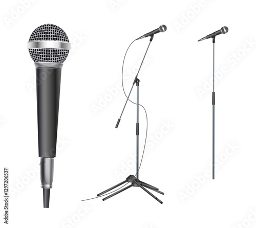 Microphones. Music studio miscellaneous equipment microphone vector realistic photographs of vintage style microphones isolated.