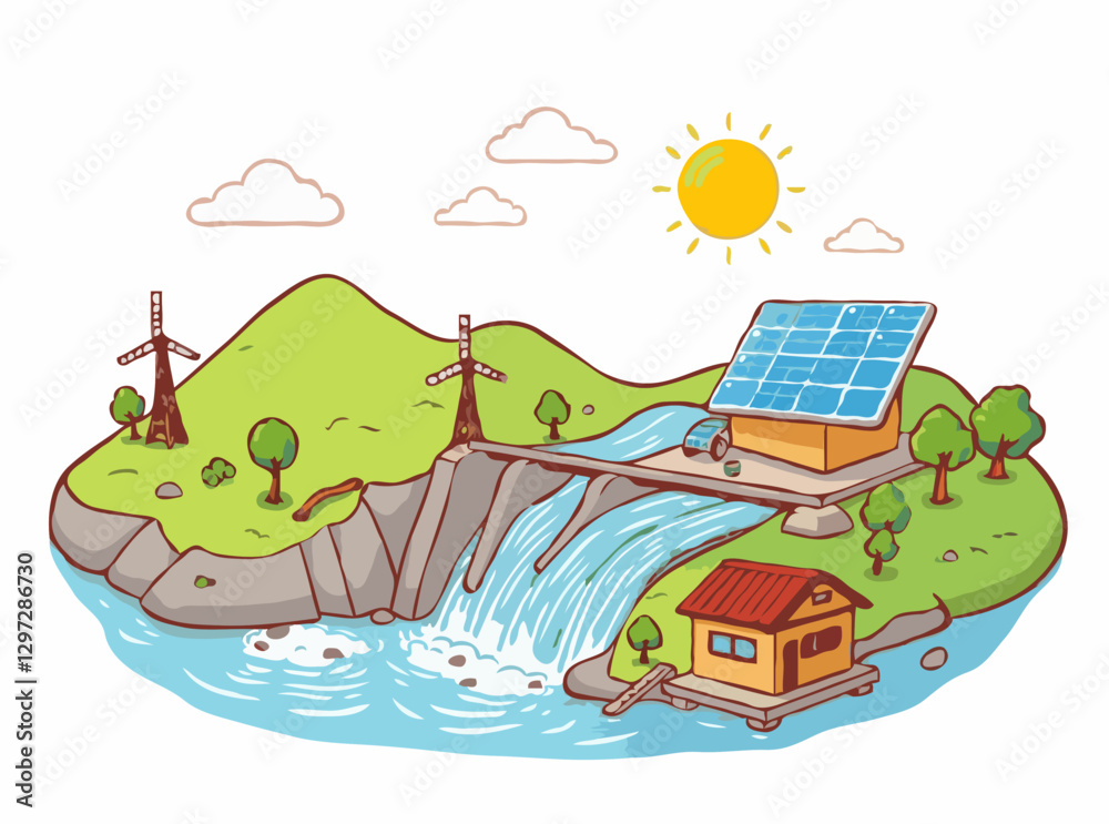 Fototapeta premium Sustainable Energy Production: Hydroelectric Power and Solar Energy