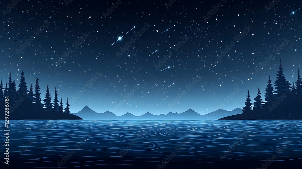 Fototapeta premium Starry Night Lake, Mountain Silhouette, Peaceful Scene