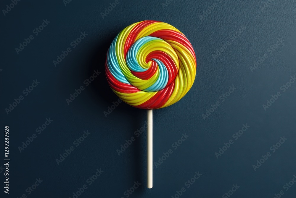 A Large Colorful Swirl Lollipop Candy on Dark Blue Background A Large Colorful Swirl Lollipop Candy on Dark Blue Background