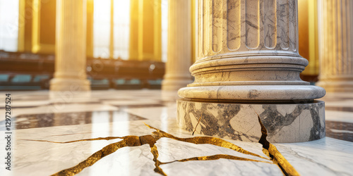Cracked Broken justice stone pillar in vintage courthouse, creative concept crumbling legal system. 
