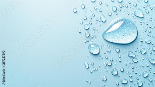 Close-up view of water droplets forming shapes on a smooth blue surface highlighting the beauty of hydration. Generative AI
