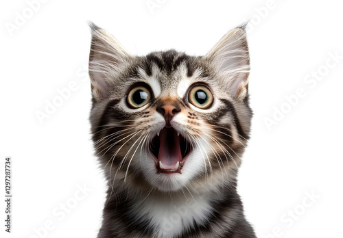 Crazy surprised cat isolated close up on transparent background.