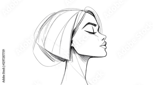 Elegant woman portrait with short bob hair, minimal line art
