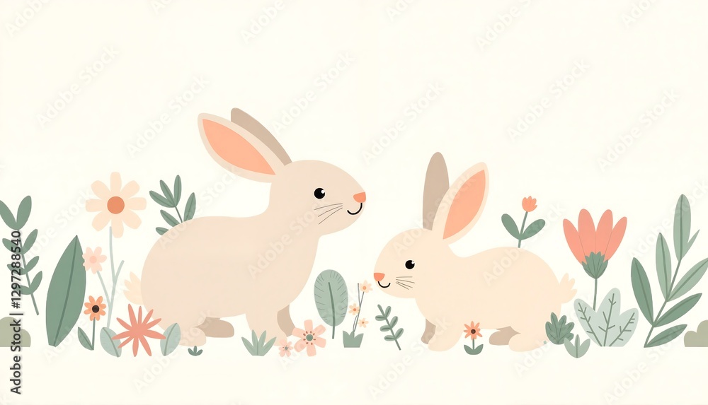 Obraz premium Two rabbits sitting opposite each other on the background of a flower garden