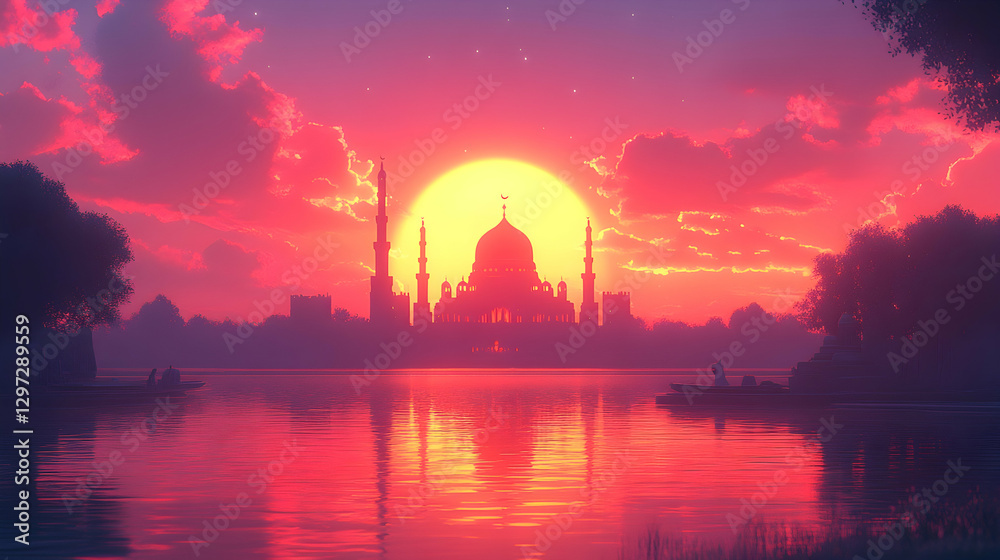 Fototapeta premium Sunset Mosque Lake Silhouette, Vibrant Sky