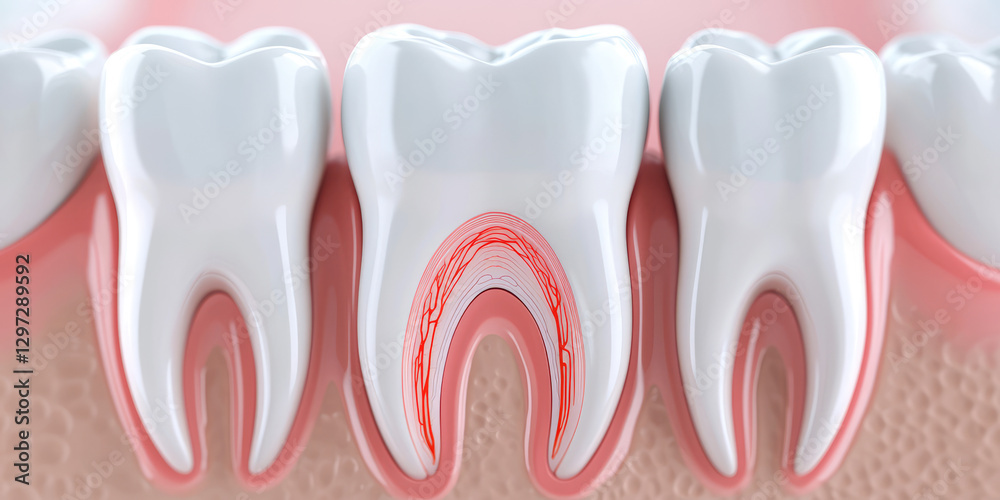 Healthy human teeth cross section with gums. Structure layers enamel, crown, root, nerve. Oral dentistry healthcare education. 3D illustration Healthy human teeth cross section with gums. Structure layers enamel, crown, root, nerve. Oral dentistry healthcare education. 3D illustration