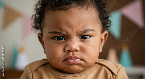 Grumpy baby with furrowed brows looking unimpressed