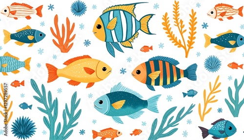 Colorful fish swimming among underwater plants