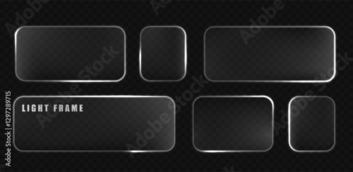 White neon glass frame with soft light effect. Digital neon border with transparent glass texture and glowing edges.