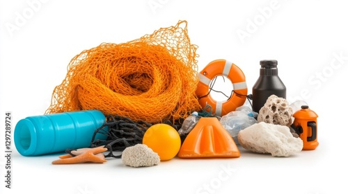 A Collection of Plastic Waste and Toys with Orange and Yellow Accents Isolated on White Background. Generative AI photo