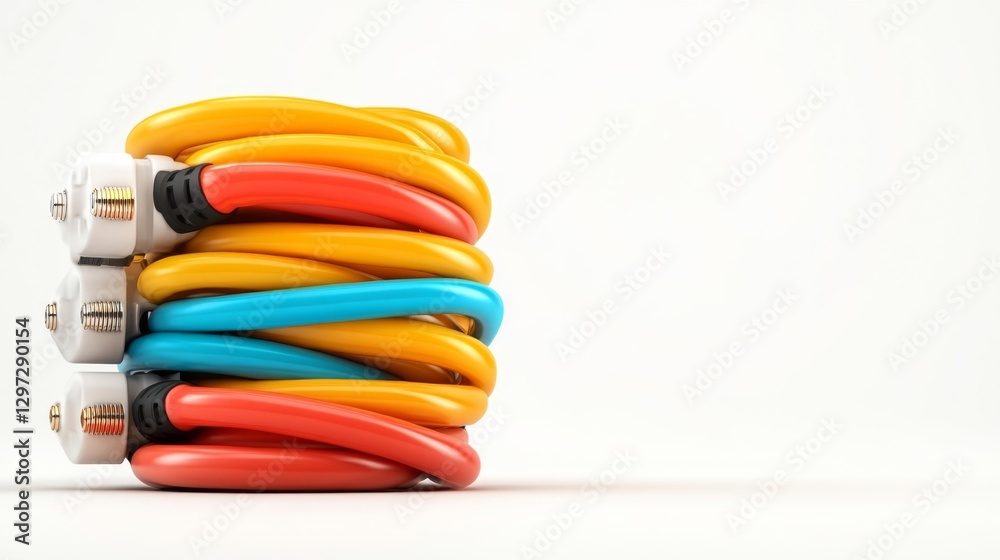 A bundle of coiled colorful communication cables isolated on a white background. Generative AI A bundle of coiled colorful communication cables isolated on a white background. Generative AI