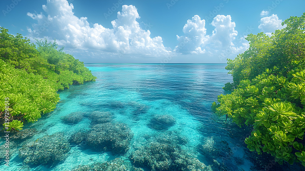 Tropical Lagoon's Tranquil Azure Waters Under Sunny Skies Tropical Lagoon's Tranquil Azure Waters Under Sunny Skies