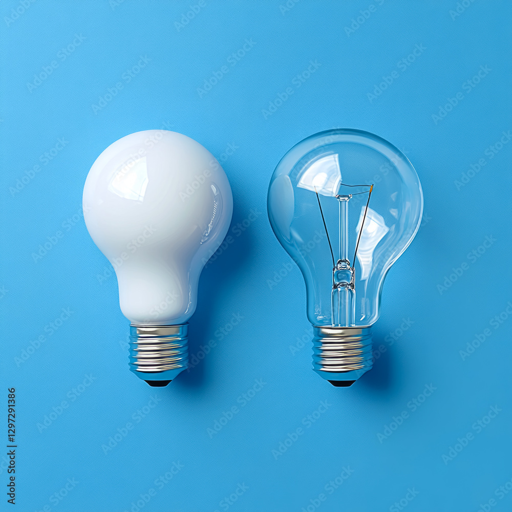Exploring the contrast between modern technology and classic design through a striking arrangement of two light bulbs against a vibrant blue backdrop Exploring the contrast between modern technology and classic design through a striking arrangement of two light bulbs against a vibrant blue backdrop