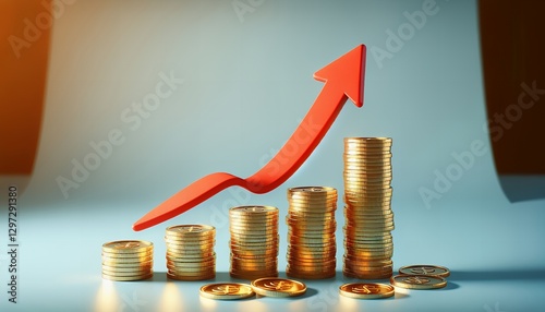 Gold coins stacked in ascending order with a red arrow indicating growth, symbolizing financial success and economic prosperity.
