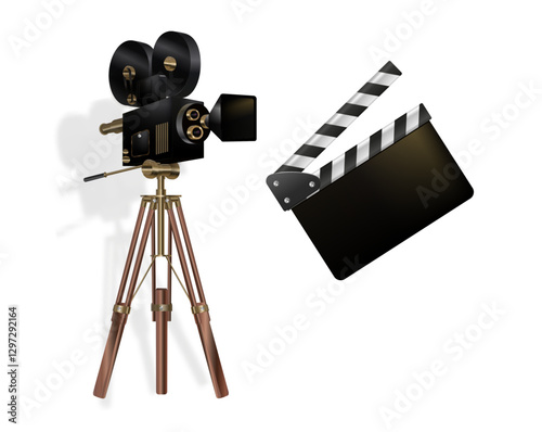 Movie camera. Vector movie clapper board. Vintage movie camera on white background.