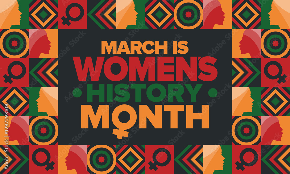 Fototapeta premium Women's History Month. Celebrated annual in March, to mark women’s contribution to history. Female symbol. Women's rights. Girl power in world. Poster, postcard, banner. Vector illustration