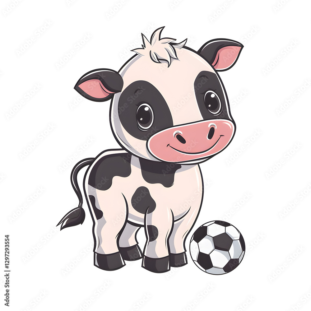 Naklejka premium Kawaii Kuh mit Fußball im Cartoon-Stil