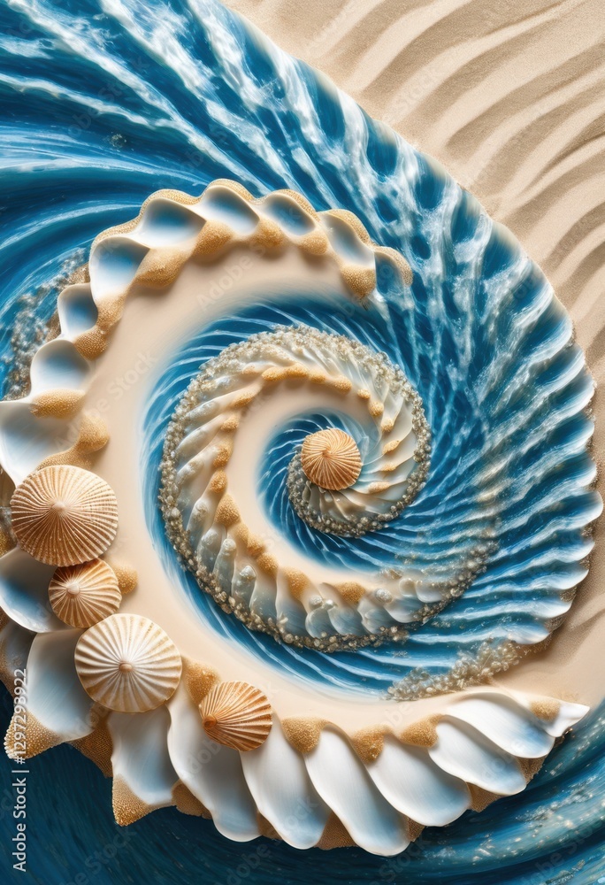 Obraz premium vibrant seashell arrangements adorned serene ocean wave blue tint soft sand texture, beach, coast, marine, coral, shimmer, water, shore, scenic, landscape