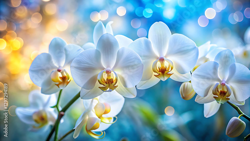 Elegant White Orchid Flowers with Blurred Blue and Gold Background.