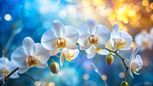 Elegant White Orchid Flowers with Blurred Blue and Gold Background.