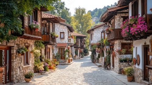 Picturesque village street, stone houses, flower boxes, sunny day, tourism