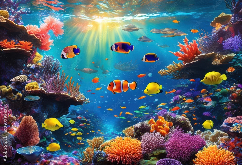 Obraz premium underwater vivid ecosystems teeming diverse marine life captured stunning detail, ocean, sea, coral, reef, fish, aquatic, habitat, beauty, organism