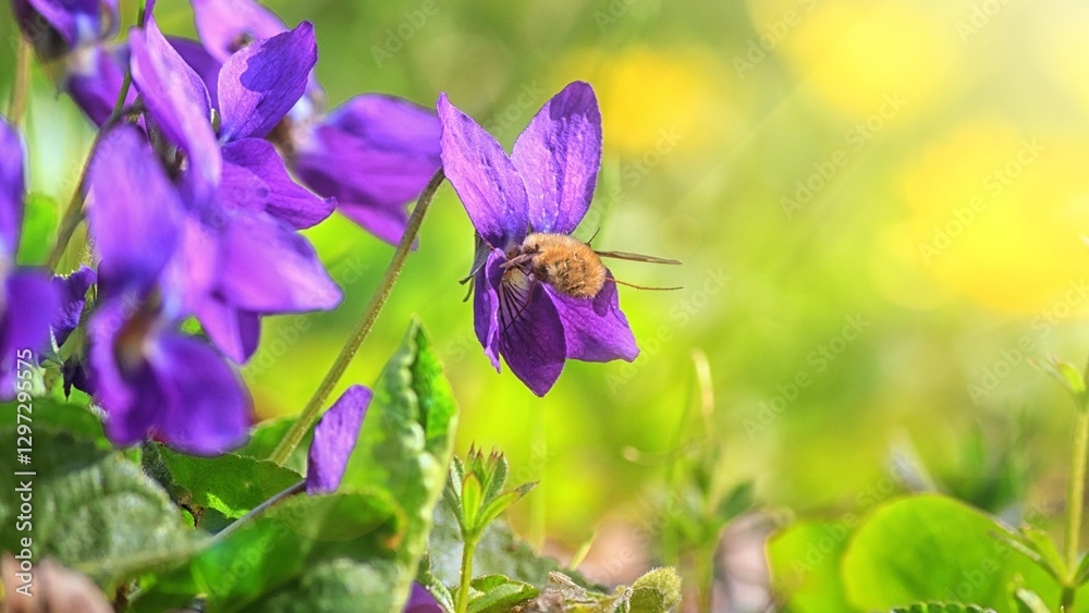 Violet violets flowers bloom in the spring forest. Viola odorata