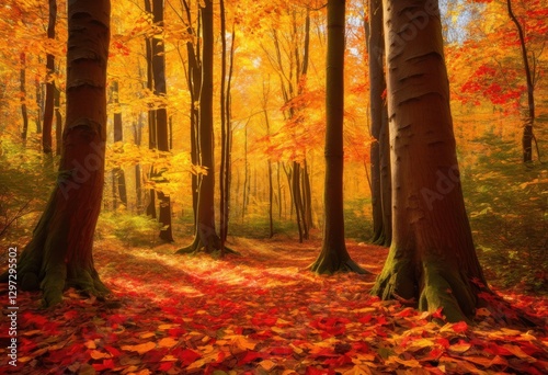 warm autumn hues displaying vibrant leaves capturing rich textures colors seasonal transition, nature, foliage, sun, trees, landscape, light, organic, october