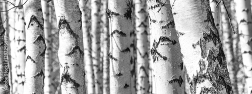 Obraz na płótnie Birch grove on a spring day, landscape banner, huge panorama, black-and-white w salonie