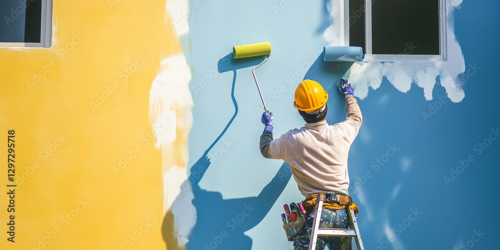 A worker paints the facade walls of a house with paint using a paint roller