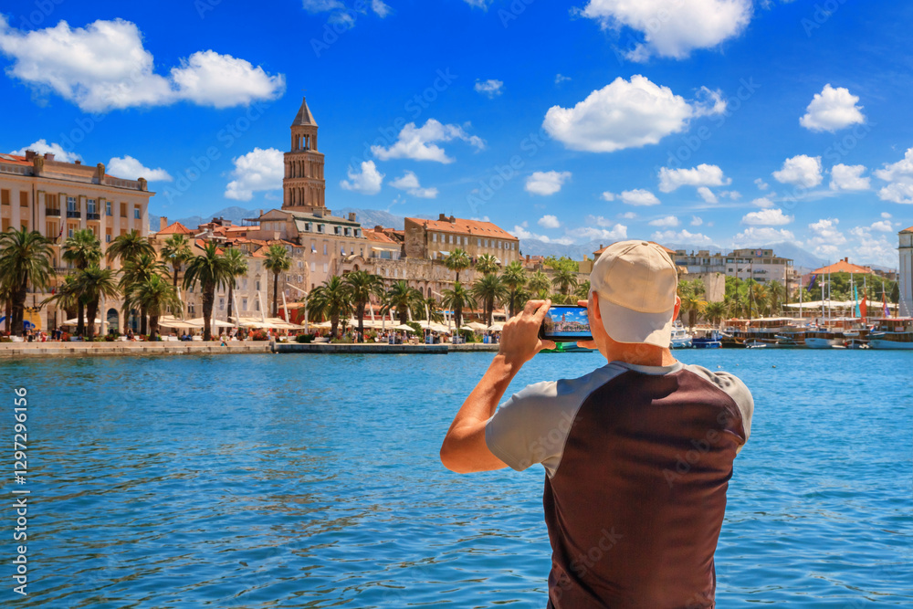 Coastal summer cityscape - a tourist takes pictures of the Riva promenade and the Old Town of Split, the Adriatic coast of Croatia