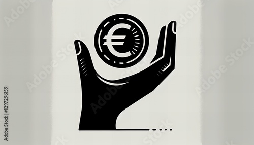 Black and white illustration of a hand holding a euro coin, symbolizing finance, savings and economic concepts in a minimalist style.
