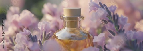 Close-up of lavender oil bottle amid blooming lavender petals in high detail