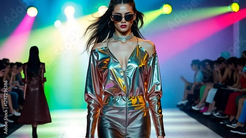 Futuristic Fashion Show Runway Model in Metallic Jumpsuit