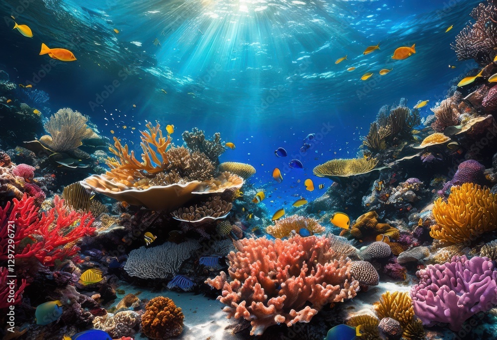 Naklejka premium vibrant coral reef ecosystem captured from below ocean waves showcasing colorful marine life rich biodiversity, aquatic, underwater, fish, seaweed, shells