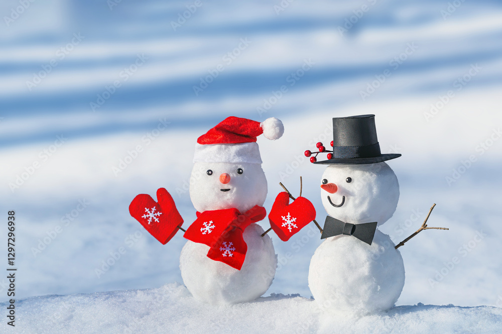 View of the couple of Christmas snowmen on the background of snow in the winter forest, selective focus, copy space for text